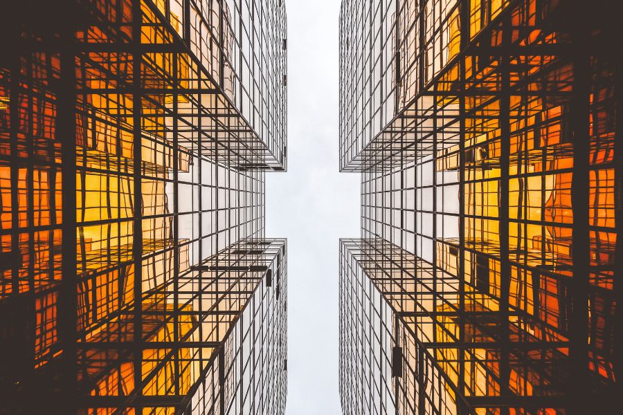 Looking up between two skyscrapers